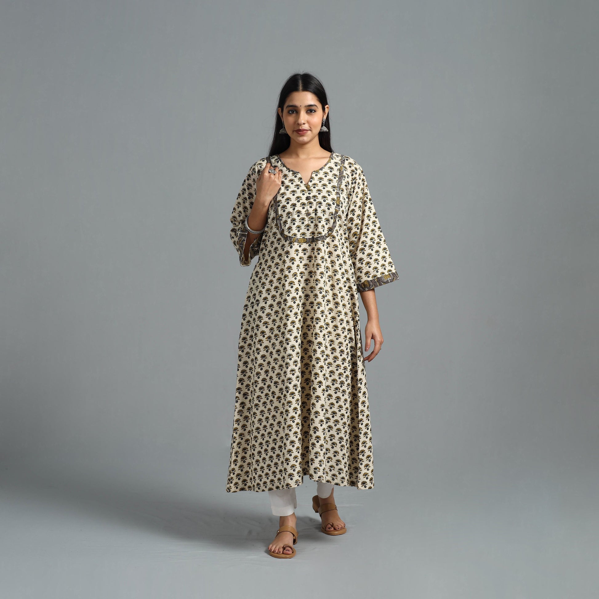 Beige - Block Printed Cotton A-Line Bagru Kurta 13