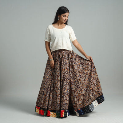 Brown - Hand Block Printed Cotton Long Kalamkari Skirt 14