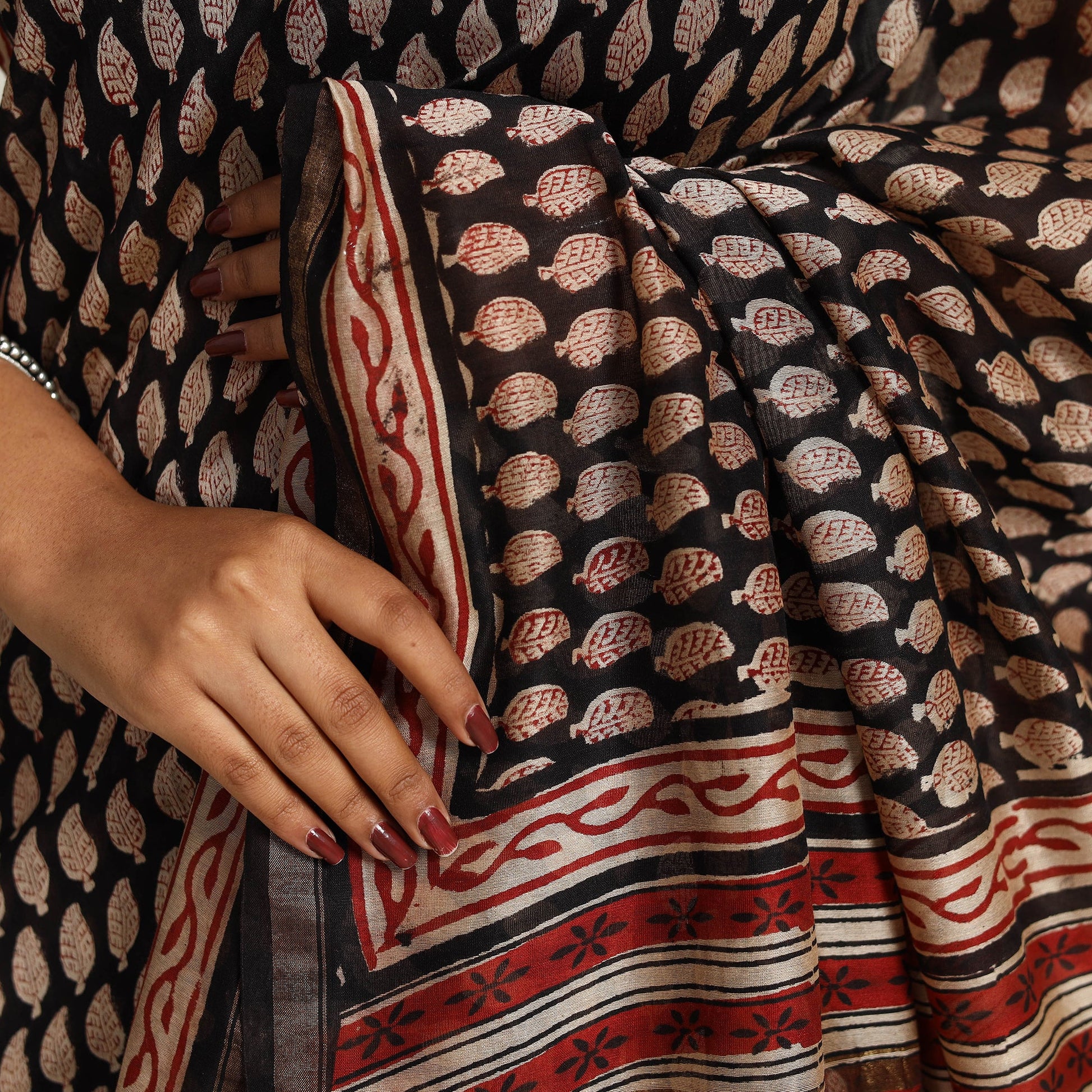 Black - Bagru Print Chanderi Silk-Cotton Saree with Zari Border 18