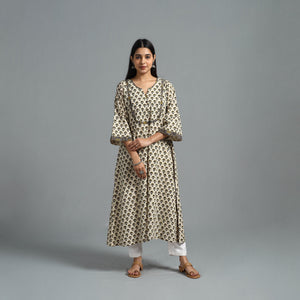 Beige - Block Printed Cotton A-Line Bagru Kurta 13