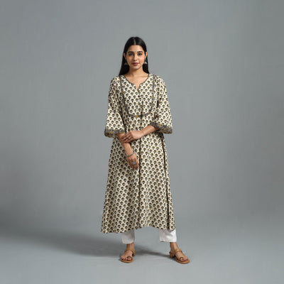 Beige - Block Printed Cotton A-Line Bagru Kurta 13
