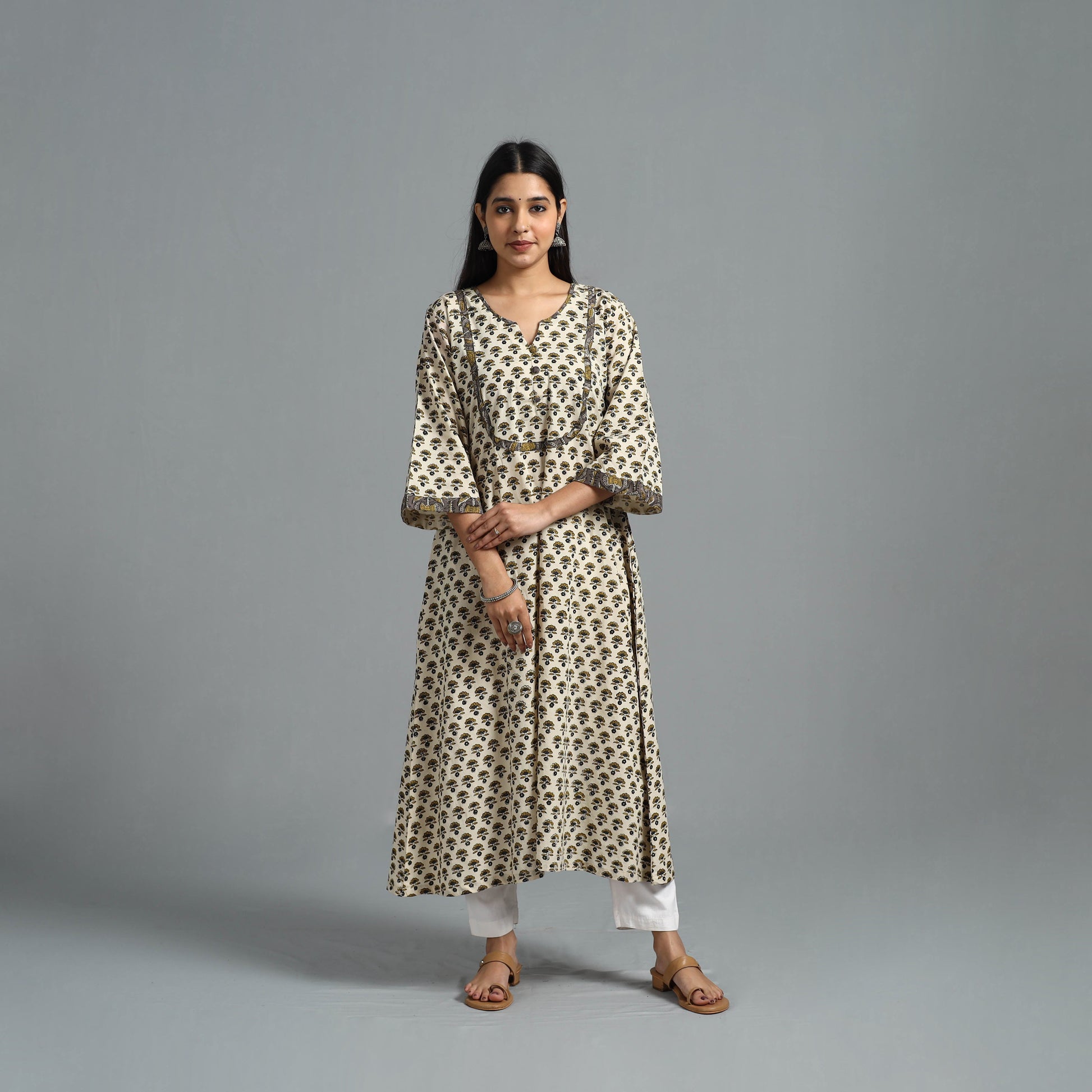 Beige - Block Printed Cotton A-Line Bagru Kurta 13