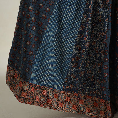 Blue - Ajrakh Block Printed 24 Kali Patchwork Cotton Long Skirt 35