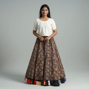 Brown - Hand Block Printed Cotton Long Kalamkari Skirt 14