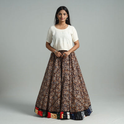 Brown - Hand Block Printed Cotton Long Kalamkari Skirt 14