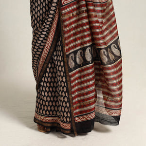 Black - Bagru Print Chanderi Silk-Cotton Saree with Zari Border 18
