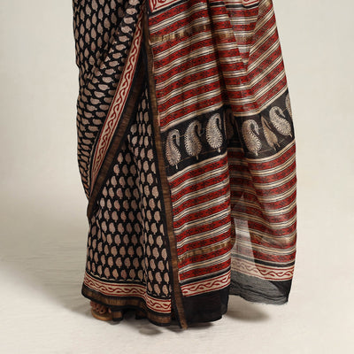 Black - Bagru Print Chanderi Silk-Cotton Saree with Zari Border 18