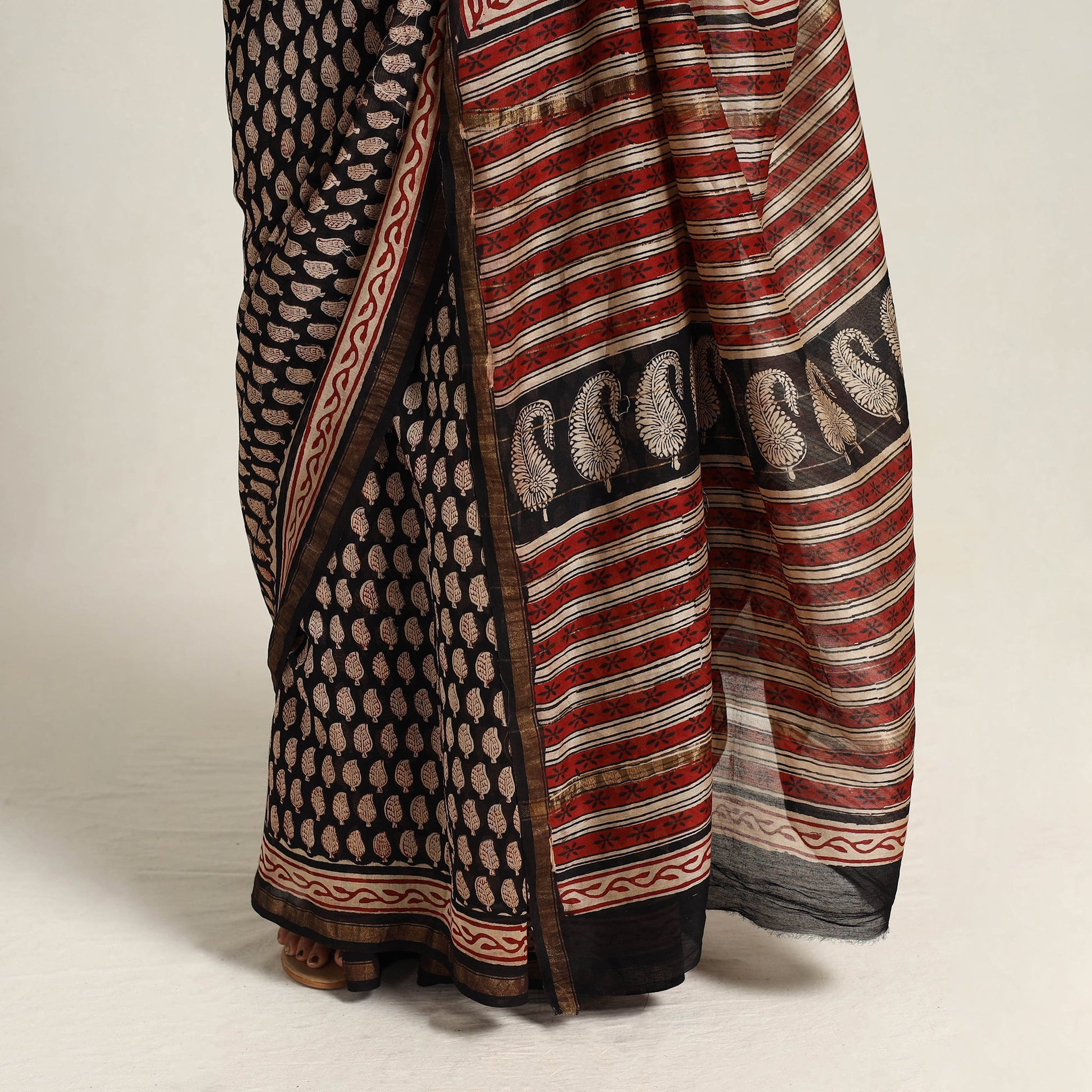 Black - Bagru Print Chanderi Silk-Cotton Saree with Zari Border 18