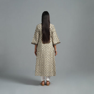 Beige - Block Printed Cotton A-Line Bagru Kurta 13