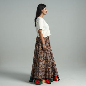 Brown - Hand Block Printed Cotton Long Kalamkari Skirt 14