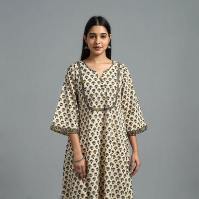 Beige - Block Printed Cotton A-Line Bagru Kurta 13