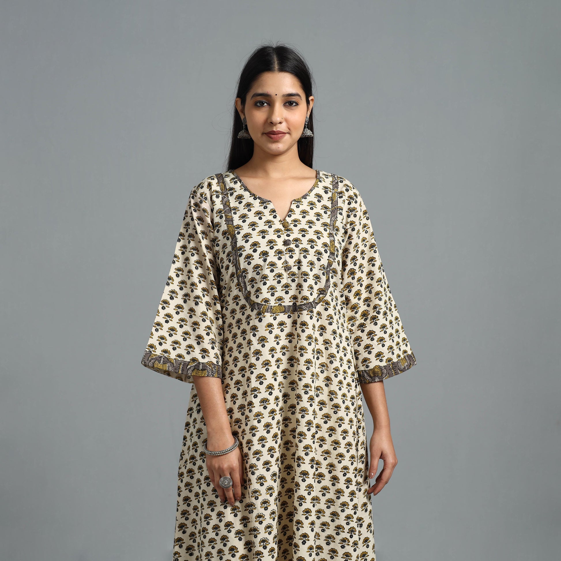 Beige - Block Printed Cotton A-Line Bagru Kurta 13