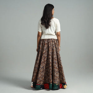 Brown - Hand Block Printed Cotton Long Kalamkari Skirt 14