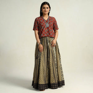 Brown - Kutch Block Printed 24 Kali Cotton Long Skirt 34