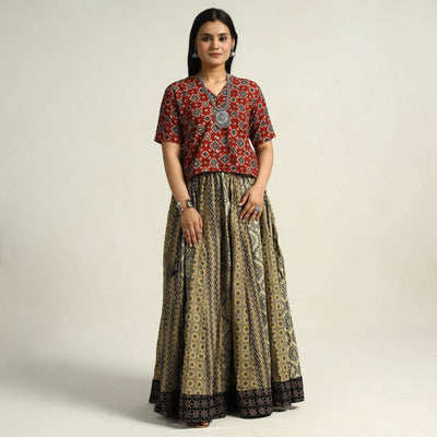 Brown - Kutch Block Printed 24 Kali Cotton Long Skirt 34