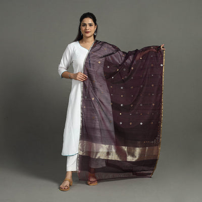 Brown - Handloom Silk Cotton Zari Buti Chanderi Dupatta 19