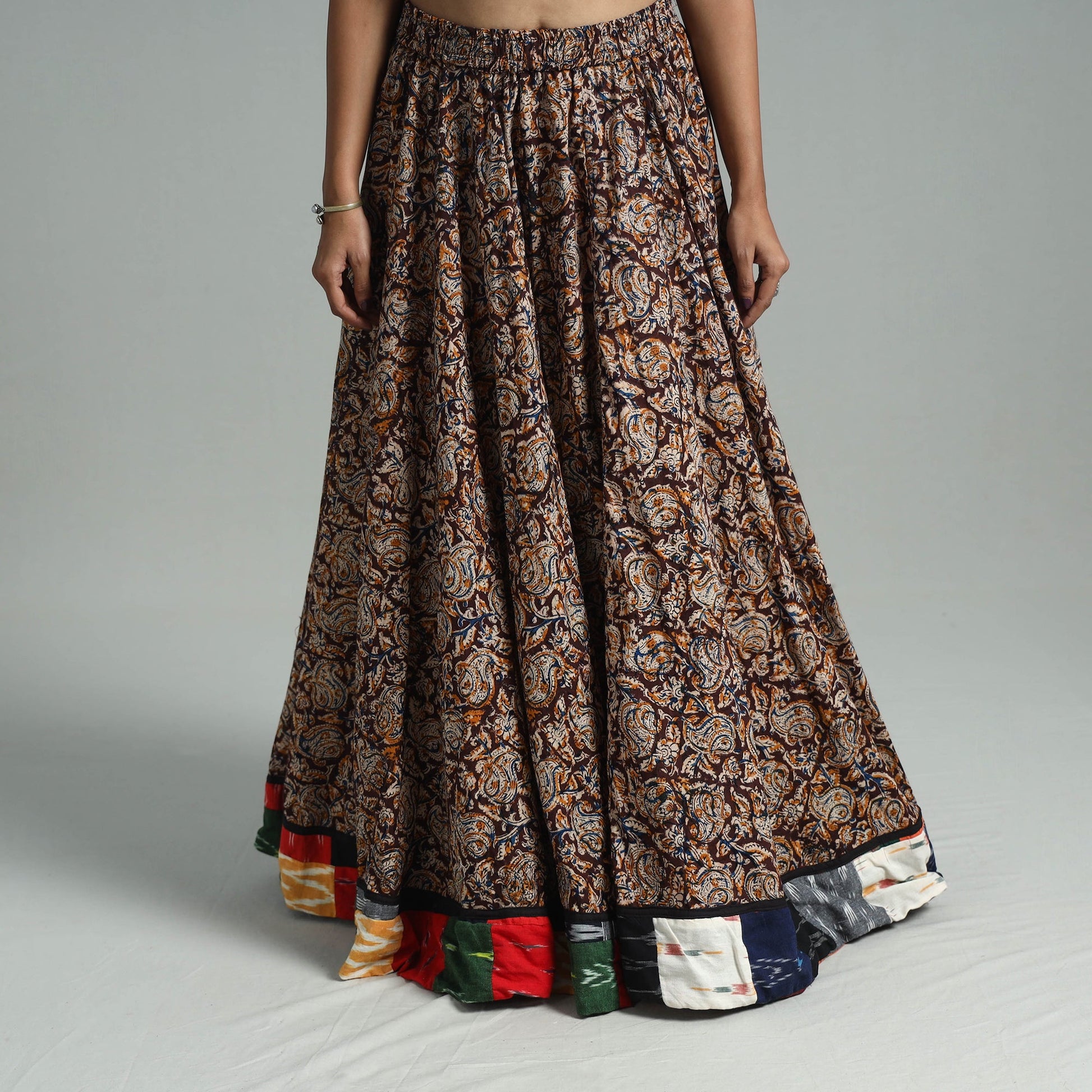 Brown - Hand Block Printed Cotton Long Kalamkari Skirt 14
