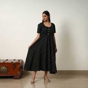 Black - Mercerized Cotton Flared Pochampally Ikat Dress 12