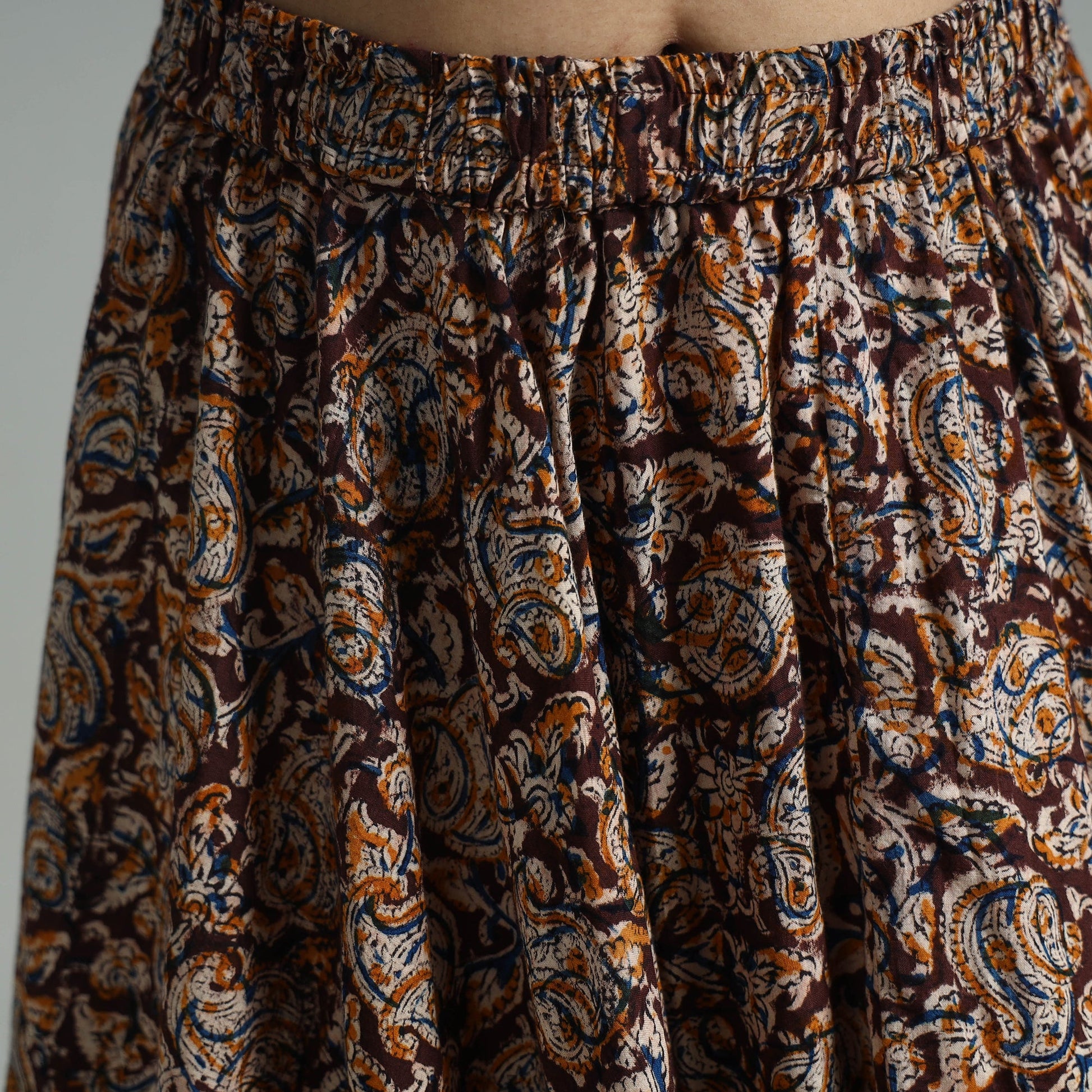 Brown - Hand Block Printed Cotton Long Kalamkari Skirt 14