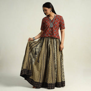 Brown - Kutch Block Printed 24 Kali Cotton Long Skirt 34