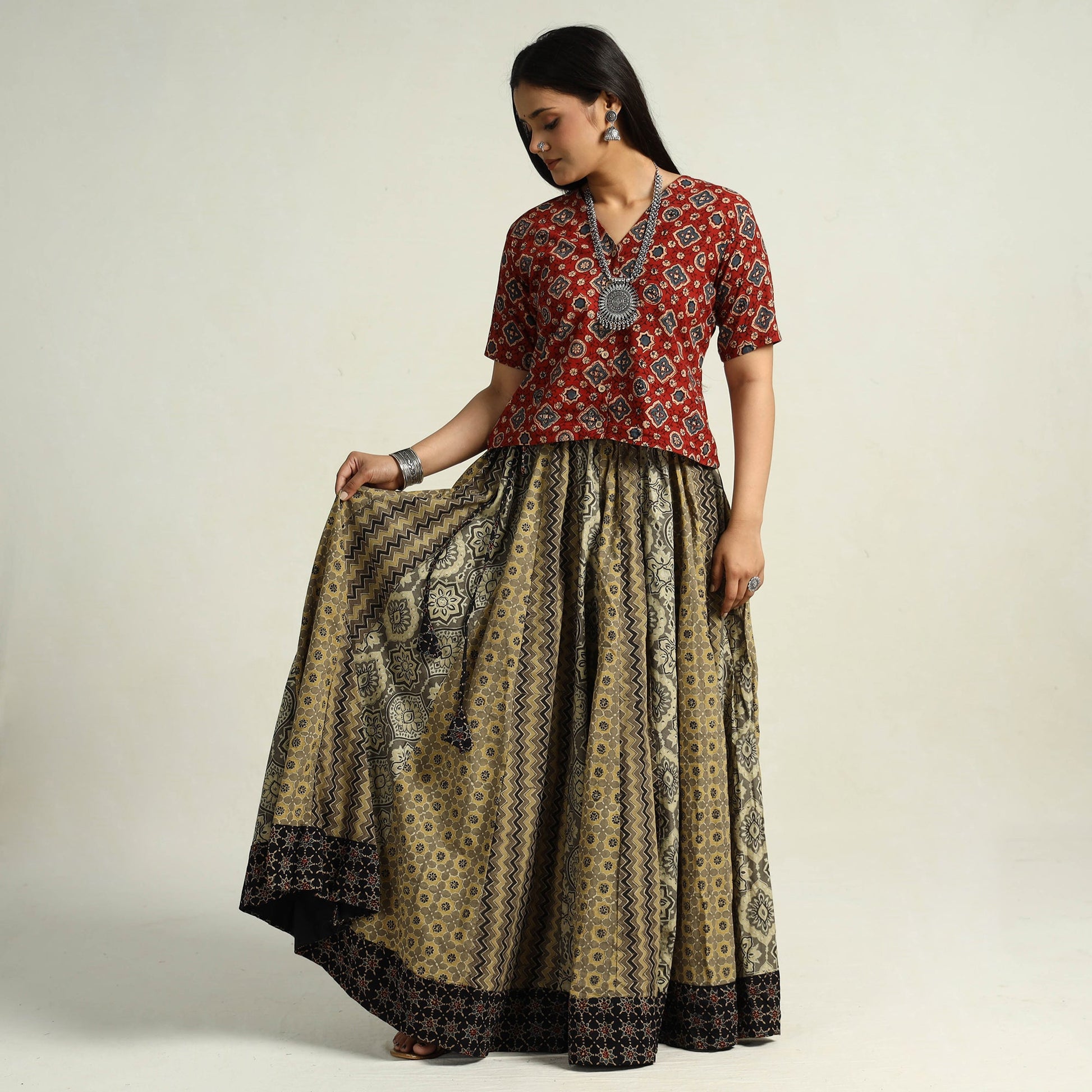 Brown - Kutch Block Printed 24 Kali Cotton Long Skirt 34