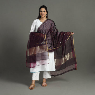 Brown - Handloom Silk Cotton Zari Buti Chanderi Dupatta 19