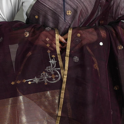 Brown - Handloom Silk Cotton Zari Buti Chanderi Dupatta 19