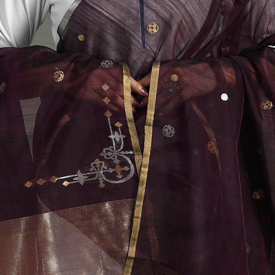 Brown - Handloom Silk Cotton Zari Buti Chanderi Dupatta 19