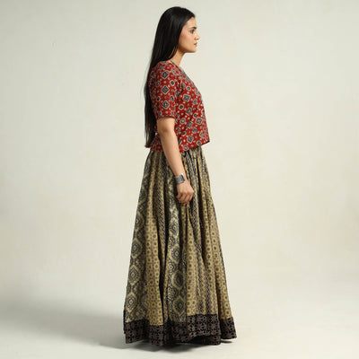 Brown - Kutch Block Printed 24 Kali Cotton Long Skirt 34