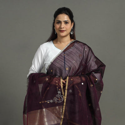 Brown - Handloom Silk Cotton Zari Buti Chanderi Dupatta 19