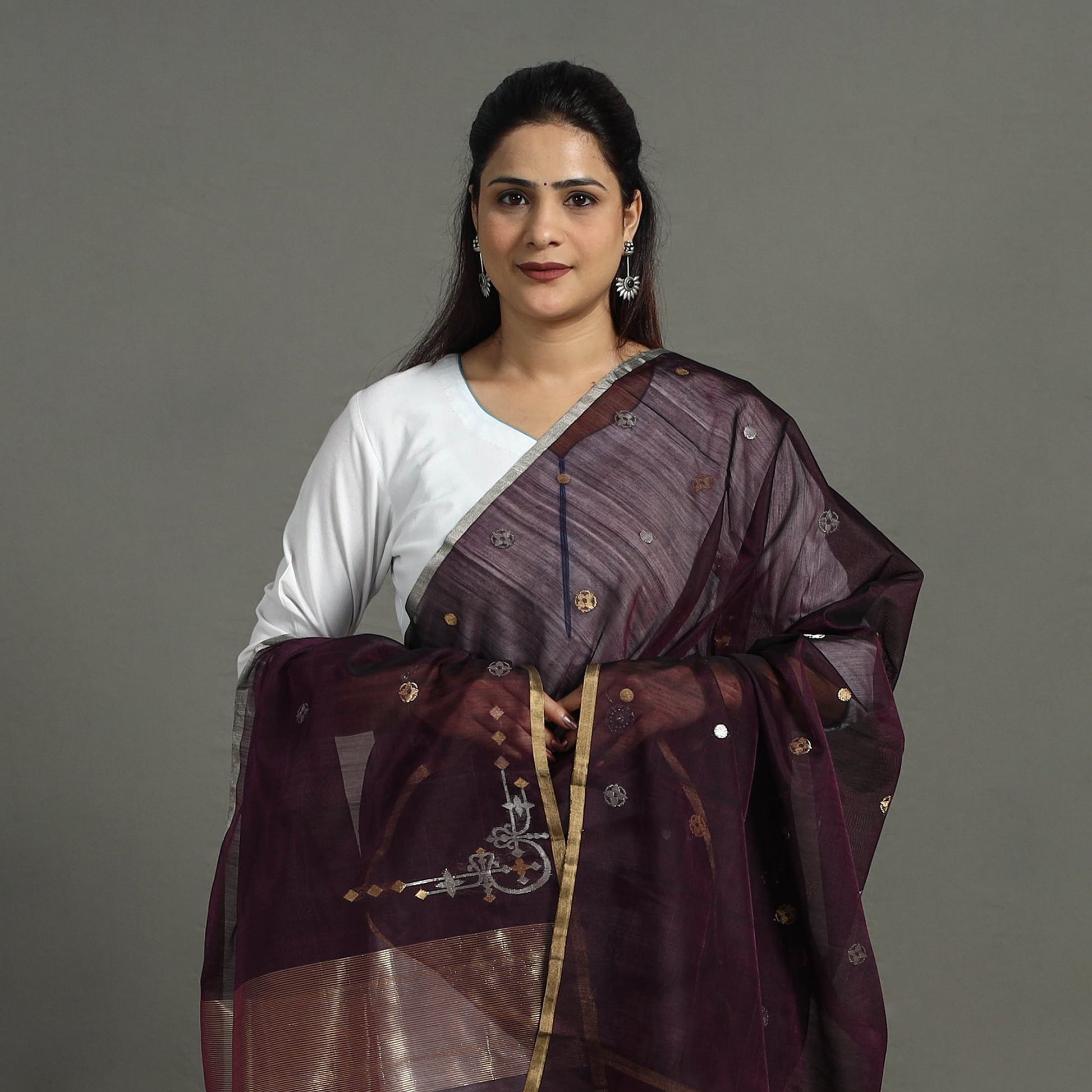 Brown - Handloom Silk Cotton Zari Buti Chanderi Dupatta 19