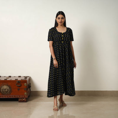 Black - Mercerized Cotton Flared Pochampally Ikat Dress 12