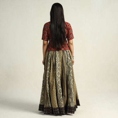 Brown - Kutch Block Printed 24 Kali Cotton Long Skirt 34