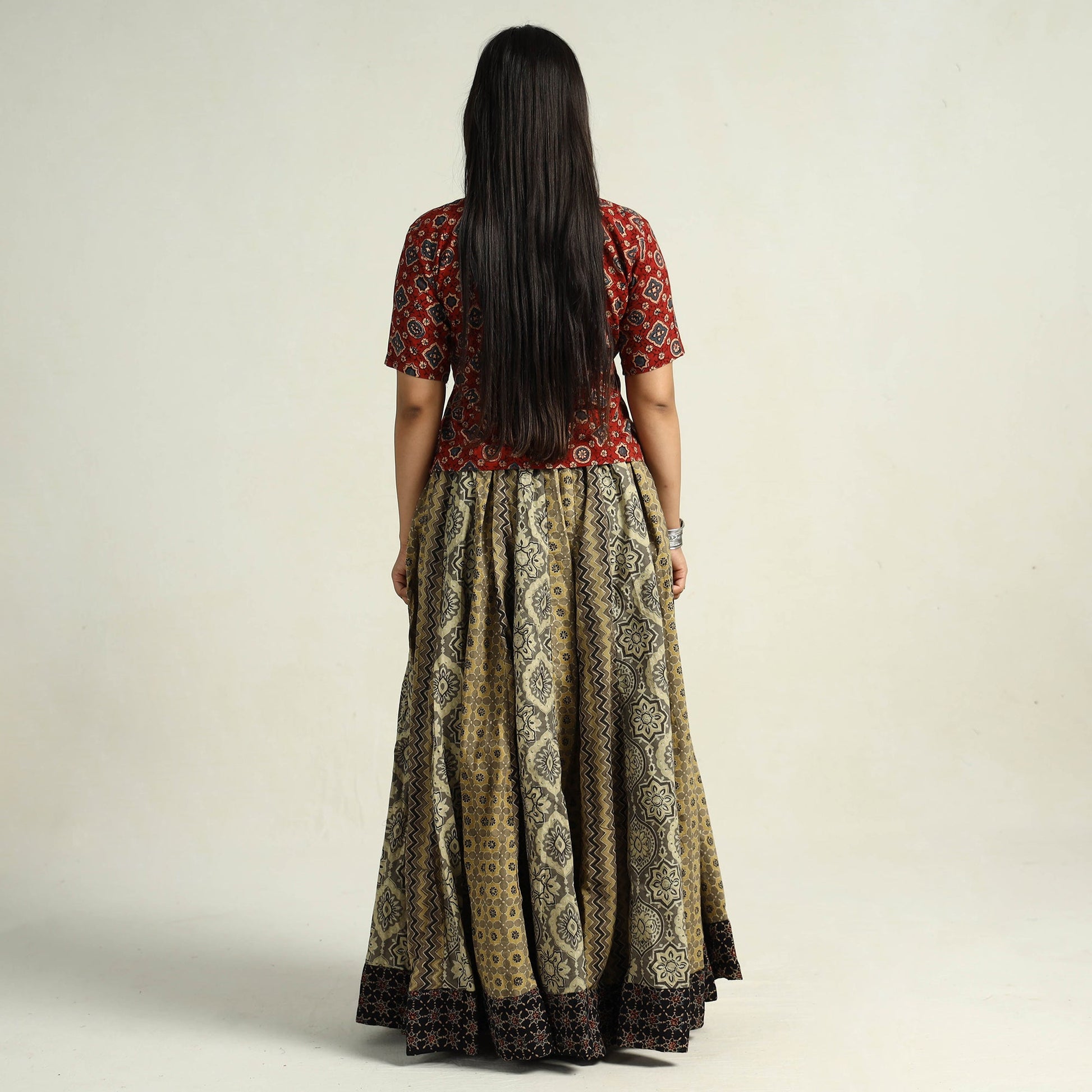 Brown - Kutch Block Printed 24 Kali Cotton Long Skirt 34