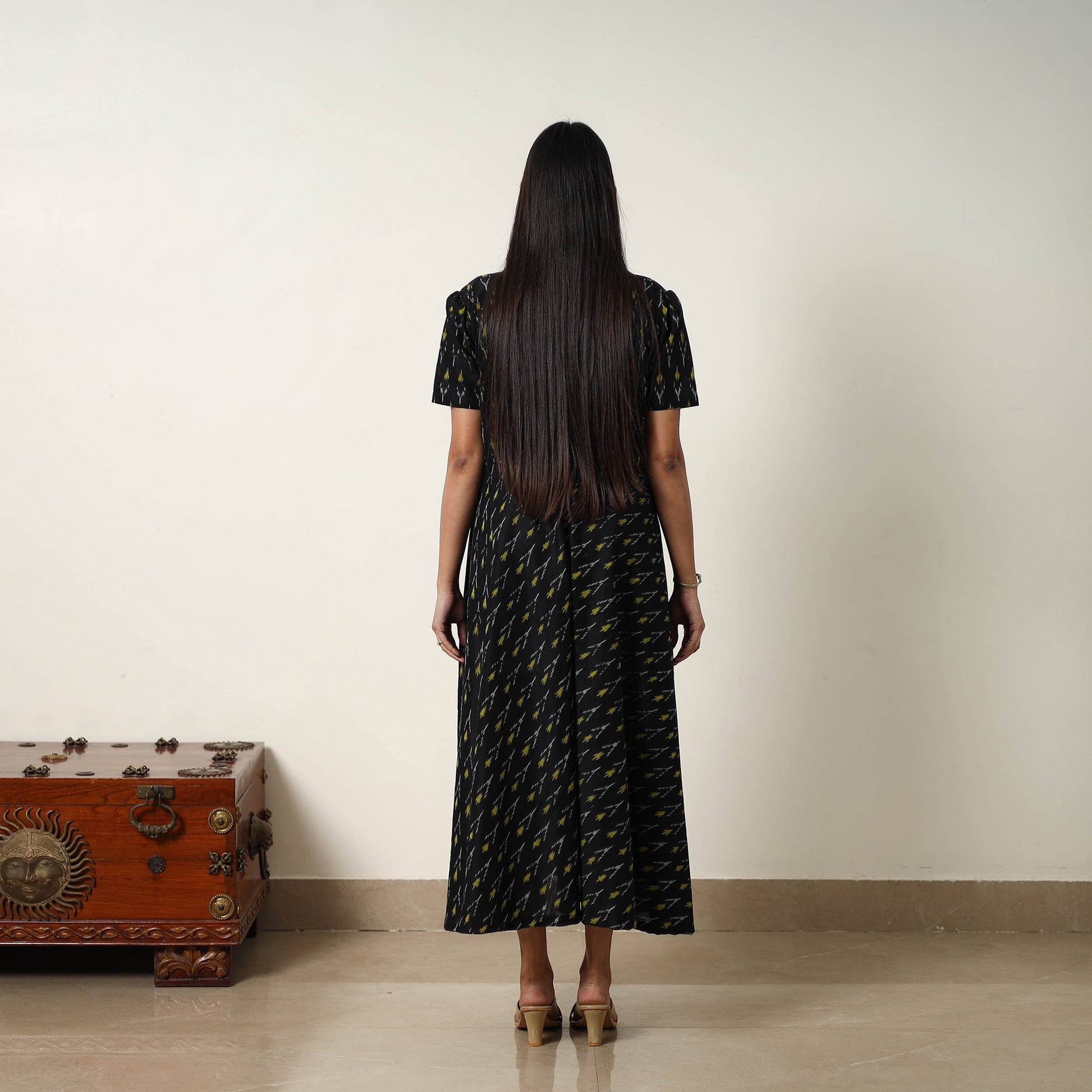 Black - Mercerized Cotton Flared Pochampally Ikat Dress 12