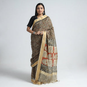 Brown - Original Pedana Kalamkari Block Print Silk Saree