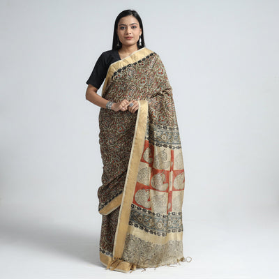 Brown - Original Pedana Kalamkari Block Print Silk Saree