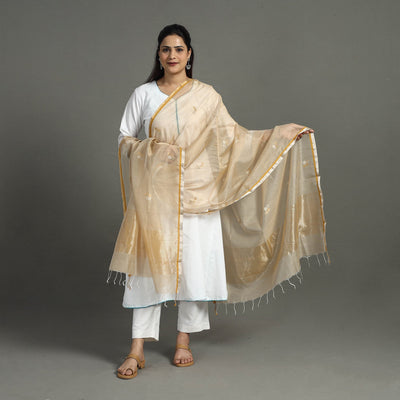 Brown - Handloom Silk Cotton Thread & Zari Buti Chanderi Dupatta 20