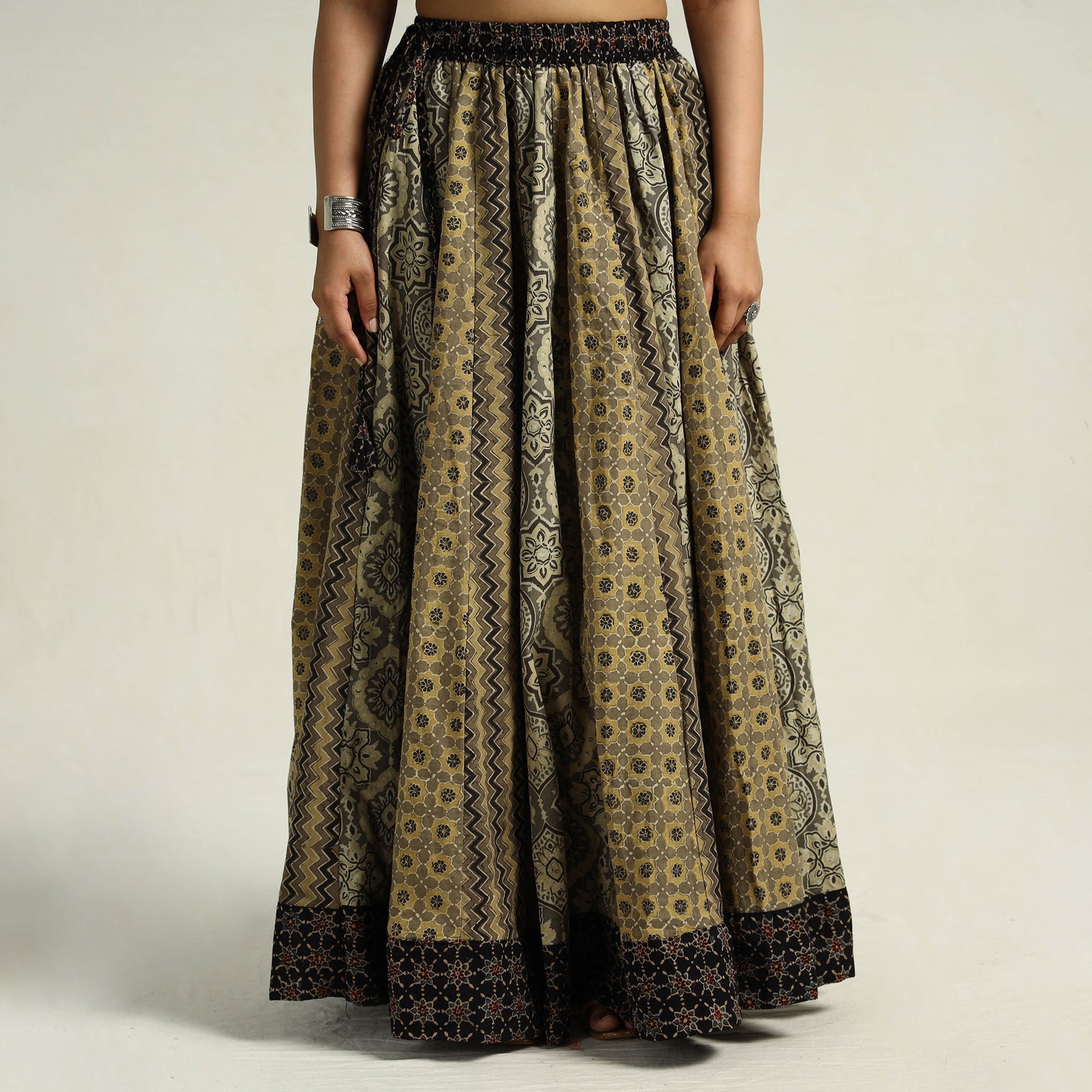 Brown - Kutch Block Printed 24 Kali Cotton Long Skirt 34