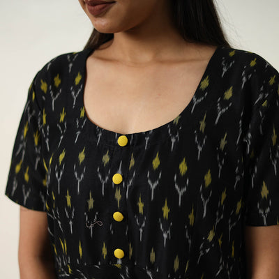 Black - Mercerized Cotton Flared Pochampally Ikat Dress 12