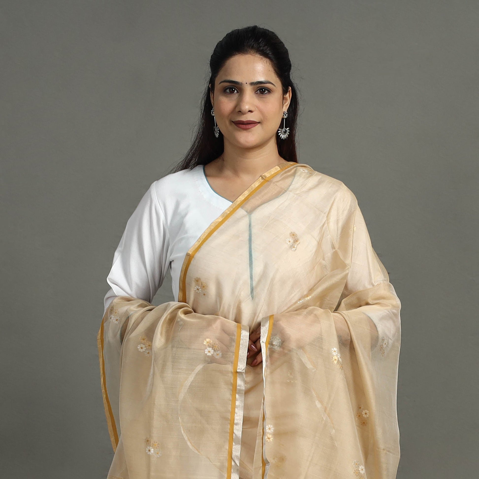 Brown - Handloom Silk Cotton Thread & Zari Buti Chanderi Dupatta 20
