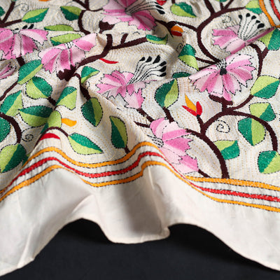 Beige - Handloom Silk Bengal Kantha Work Stole 71