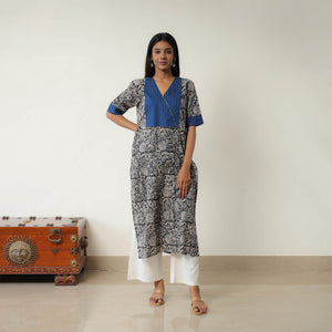 Grey - Natural Dyed Block Print Cotton Kalamkari Kurta 02
