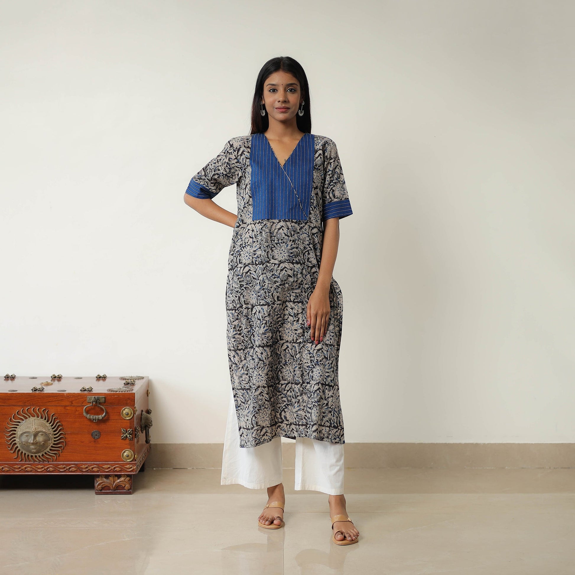 Grey - Natural Dyed Block Print Cotton Kalamkari Kurta 02