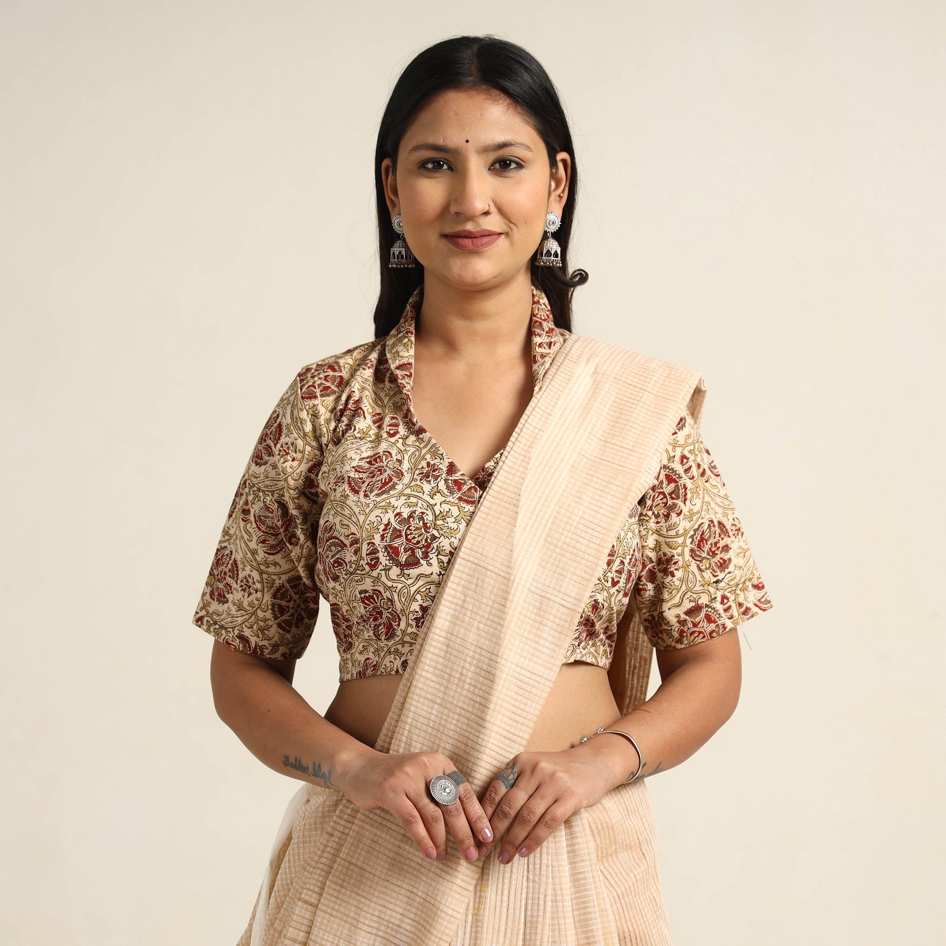 Beige - Pedana Kalamkari Block Printed Cotton Stitched Blouse 14