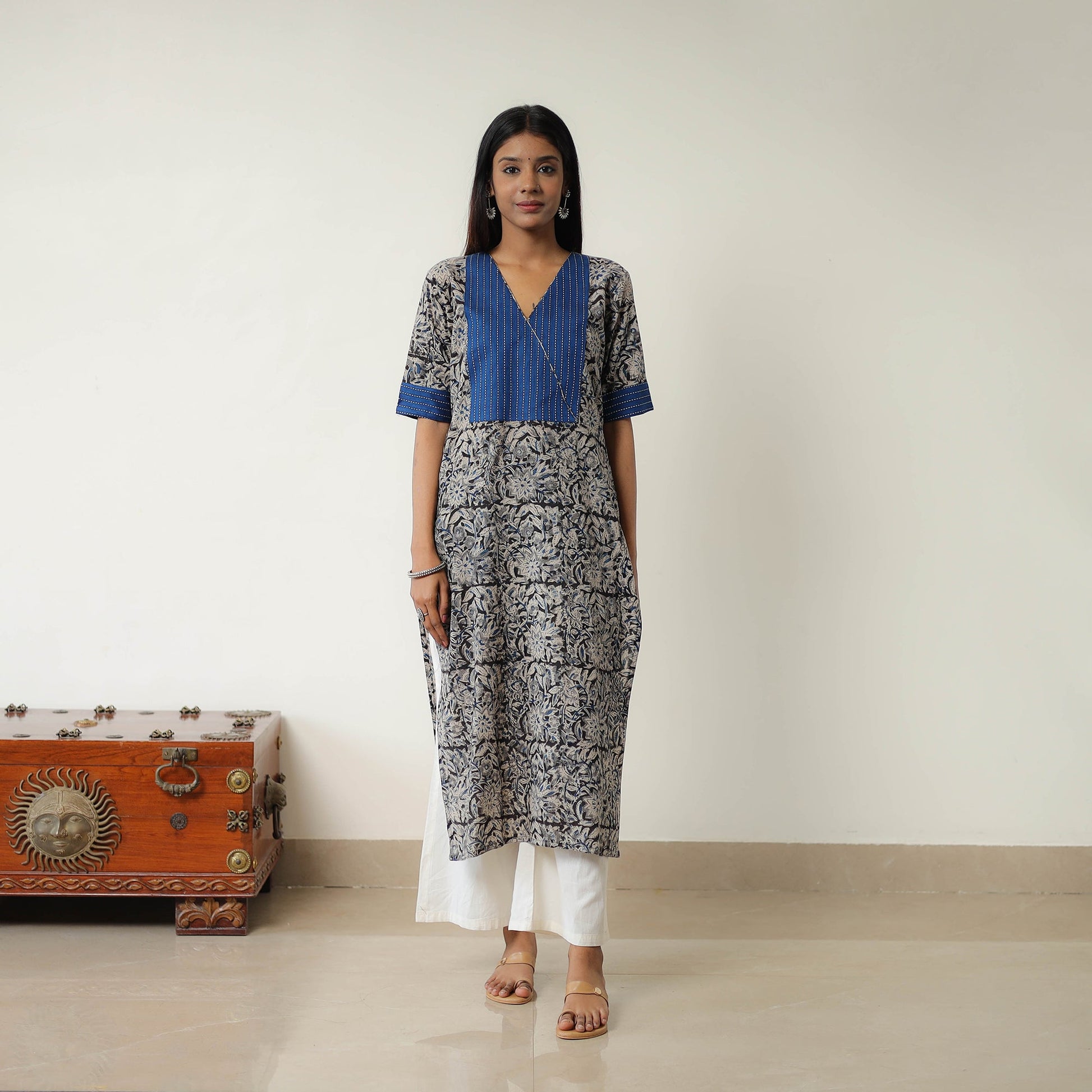 Grey - Natural Dyed Block Print Cotton Kalamkari Kurta 02