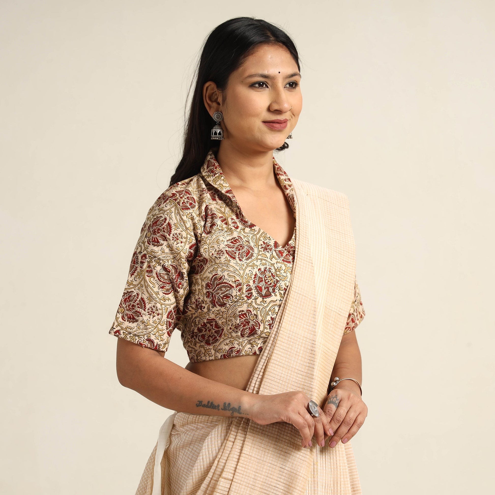 Beige - Pedana Kalamkari Block Printed Cotton Stitched Blouse 14