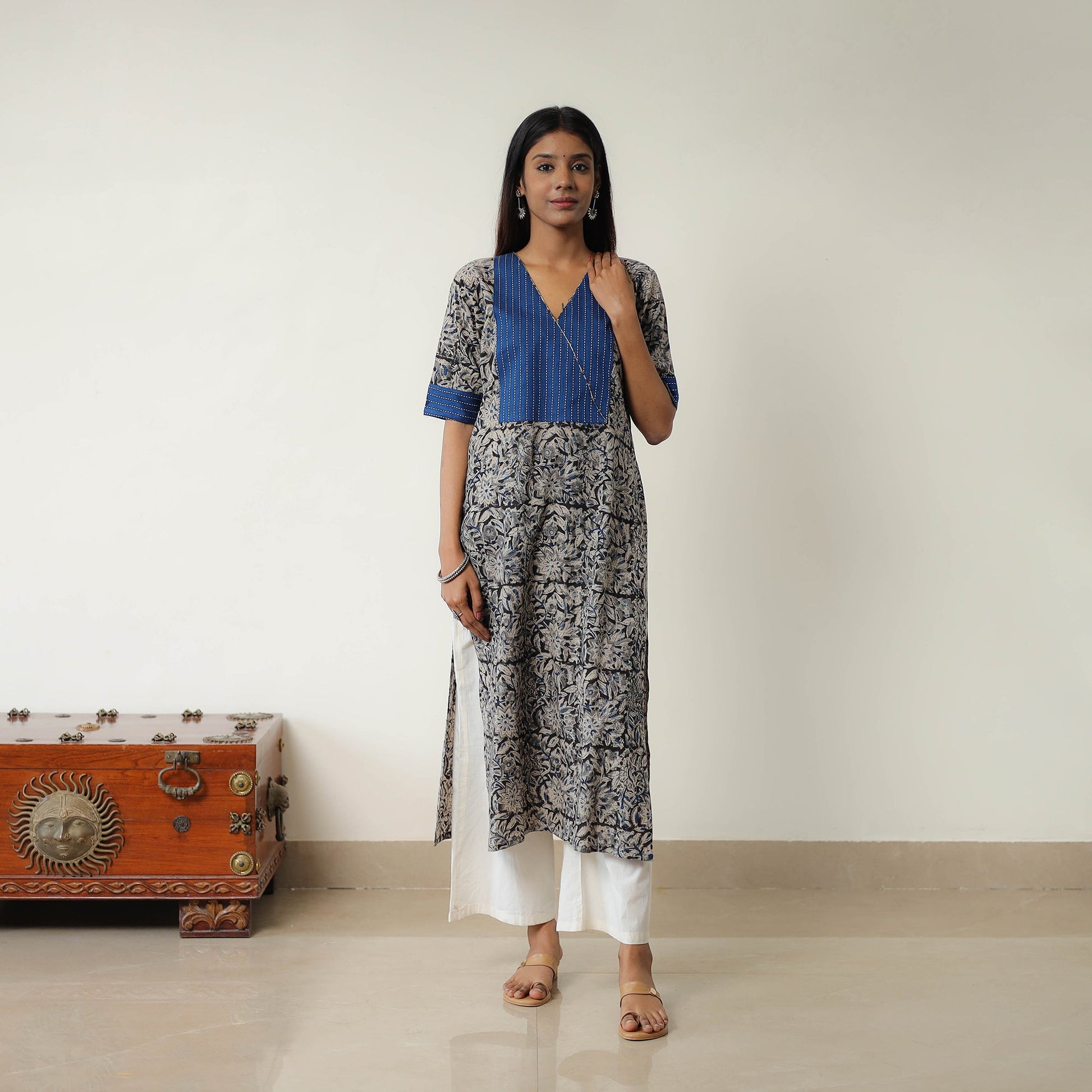 Grey - Natural Dyed Block Print Cotton Kalamkari Kurta 02