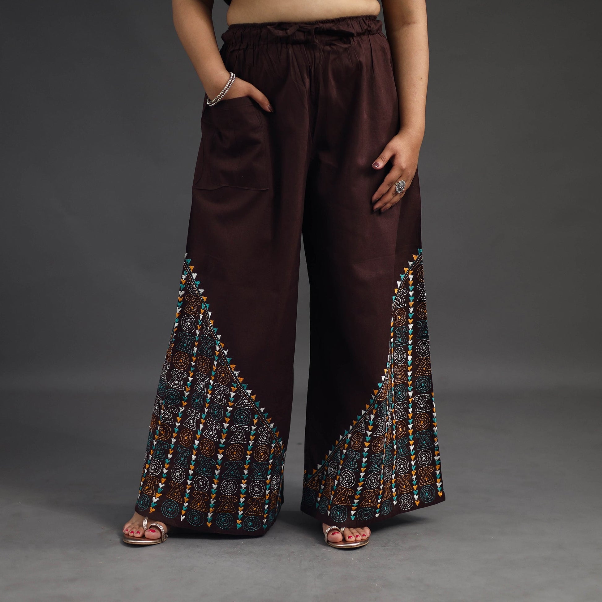 Brown - Kantha Hand Embroidery Palazzo in Cotton 74