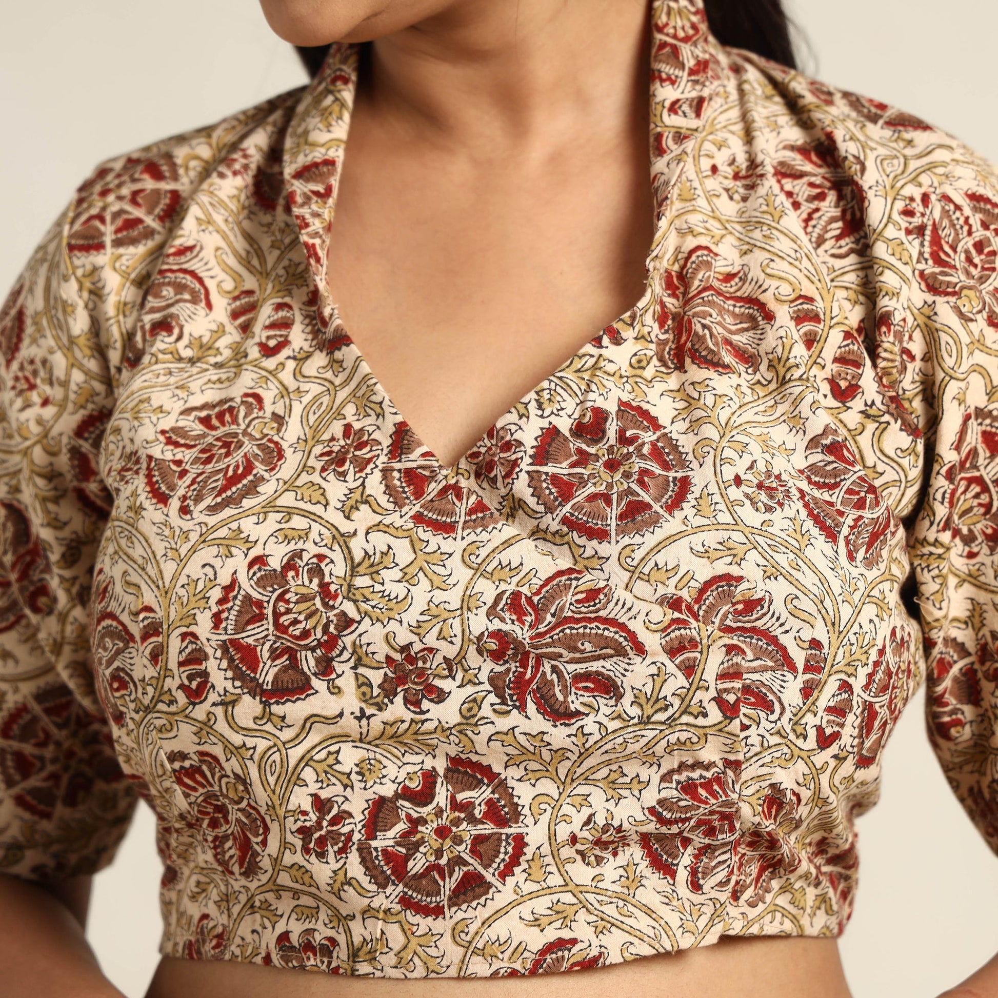 Beige - Pedana Kalamkari Block Printed Cotton Stitched Blouse 14